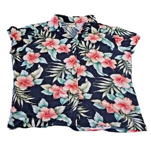 Go Barefoot Hawaiian Shirt Mens XL Black Floral Hibiscus Aloha Camp Made USA